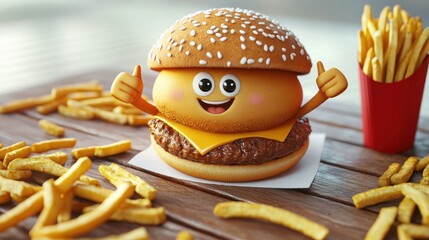 Canvas Print - A cheerful cartoon hamburger character with fries, promoting a fun food experience.