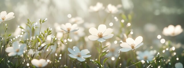 Poster - A serene field of white flowers glistening in soft light, creating a tranquil atmosphere.