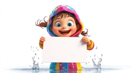 Poster - A cheerful child in a colorful raincoat holding a blank sign while splashing in water.