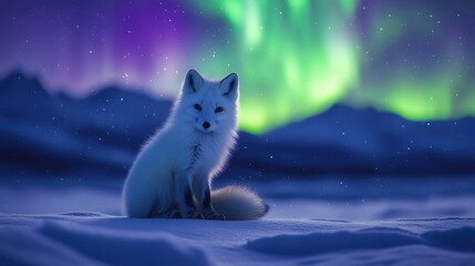 Wall Mural - A serene arctic fox sits in the snow under a vibrant aurora borealis.