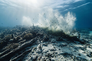 destructive fishing impact to coral reef. underwater corals destroyed by hurricane dead coral reef. 