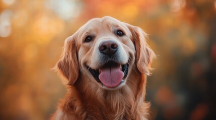 A happy golden retriever with a joyful expression against a blurred autumn background.