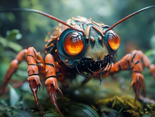 Poster - Close-Up of a Fantasy Insect with Glowing Eyes in a Lush Forest