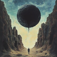 Wall Mural - a solitary figure stands beneath a massive dark sphere in a surreal, rocky landscape.