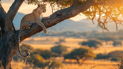 Canvas Print - A leopard rests on a tree branch, overlooking a golden savannah landscape at sunset.