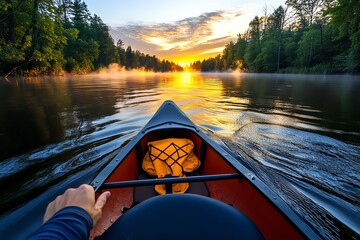 Aufkleber - Canoeing down a river at sunrise, with mist rising from the water, trees on either side, and the golden light of dawn creating a peaceful outdoor scene