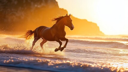 Poster - A horse gallops through the surf at sunset, creating a serene and dynamic scene.