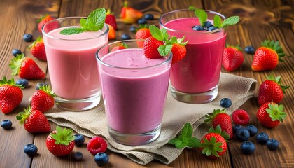 Wall Mural - Vibrant Collection of Berry Smoothies with Fresh Ingredients and Colorful Presentation