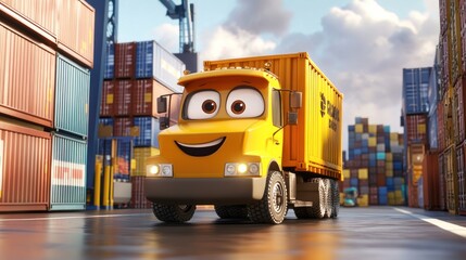 Sticker - A cheerful yellow truck with a smiling face in a shipping yard filled with containers.