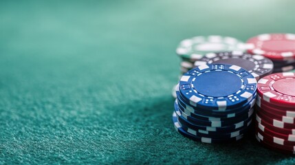 Colorful poker chips stacked on a green felt table in a casino setting during a game night