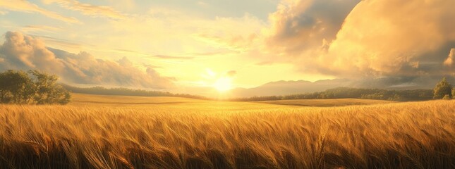 Poster - A serene sunset over a golden wheat field, capturing the beauty of nature and tranquility.