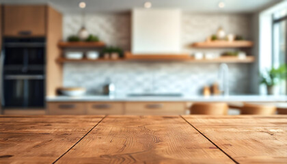 Wall Mural - a rustic wooden tabletop for product displays with a bokeh-effect background of an opulent kitchen.