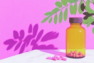 Poster - Transparent bottle with pink pills on pastel background and plant shadows