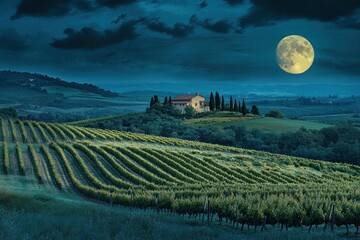 Canvas Print - A serene landscape featuring a moonlit vineyard and a distant house.