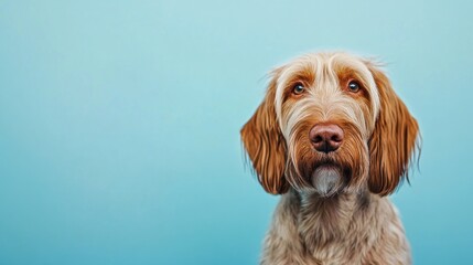 Poster - A close-up portrait of a dog against a light blue background.