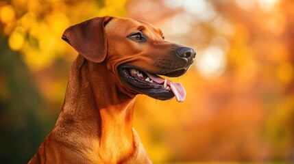 Wall Mural - A close-up of a happy dog in an autumn setting, showcasing vibrant fall colors.