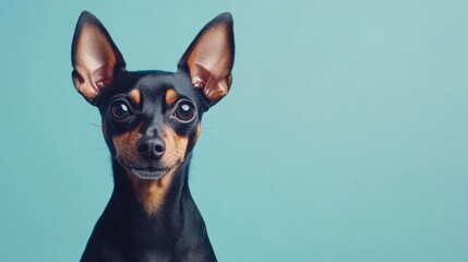 Wall Mural - A close-up of a black and tan dog with large ears against a light blue background.