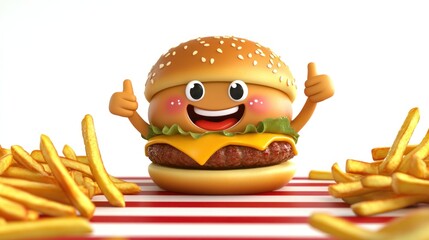 Wall Mural - A cheerful cartoon burger with fries, conveying a fun and inviting food theme.