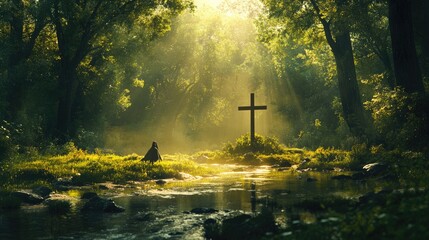 A serene moment of prayer in a forest, with a lone figure kneeling before a simple wooden cross, surrounded by the natural beauty of the trees and the sound of a nearby stream. The scene captures the