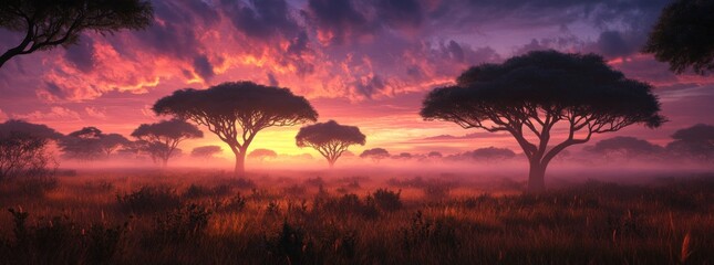 Wall Mural - A stunning sunset over a savanna landscape with silhouetted trees and vibrant colors.