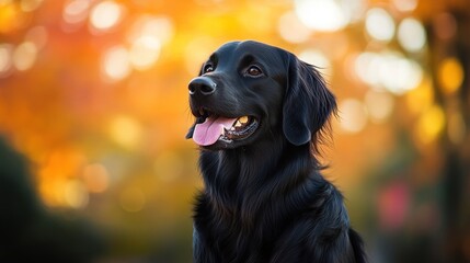 Wall Mural - A black dog with a joyful expression against a blurred autumn background.