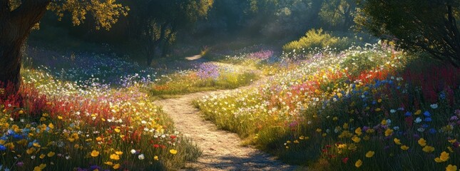 Wall Mural - A serene pathway through a vibrant wildflower meadow under soft sunlight.