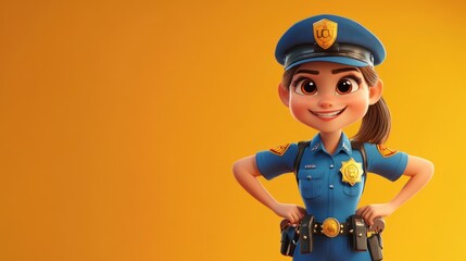 A cheerful cartoon police officer stands confidently against a bright orange background.