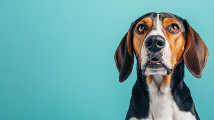 Poster - A close-up of a beagle dog against a turquoise background, showcasing its expressive features.