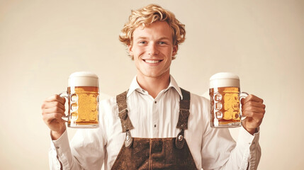 A joyous young man dressed in traditional Bavarian lederhosen beams while holding two large mugs of beer, embodying the spirit of Oktoberfest in a vibrant celebration