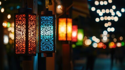 Wall Mural - Colorful Asian Lanterns Lighting Up the Night Street in a Traditional Festival