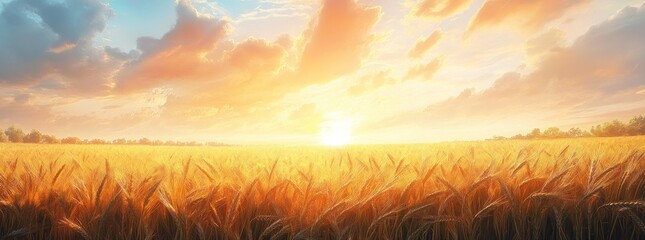 Sticker - A serene sunset over a golden wheat field, evoking tranquility and nature's beauty.