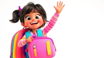 Poster - A cheerful girl with a backpack waves happily, embodying excitement for school or adventure.