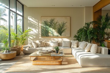 Bright, modern beautiful living room with some cozy sofas, plants and a glass table in the middle. There is a drawing of a plant decorating the wall. Architecture and lifestyle concepts