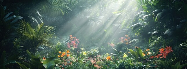 Poster - A serene jungle scene illuminated by soft rays of sunlight filtering through lush foliage.