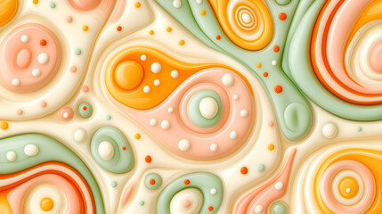 Poster - Colorful abstract design with swirling shapes in pink, orange, and green tones against a cream background