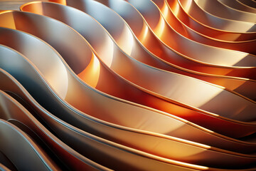 Poster - Flowing waves of metallic curves beautifully reflect warm light in a mesmerizing abstract design. Generative AI