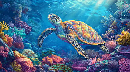 Sea turtle resting among colorful coral formations imagine a cinematic underwater image of a sea turtle resting peacefully among colorful coral formations. Coral Garden. Illustration