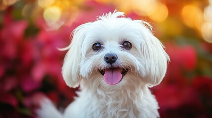 Wall Mural - A cheerful white dog with a playful expression against a colorful blurred background.