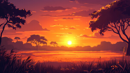 Serene sunrise over a vast savannah. Savannah Sunrise. Illustration