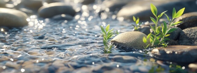 Wall Mural - A serene scene of water flowing over pebbles with small green plants emerging.