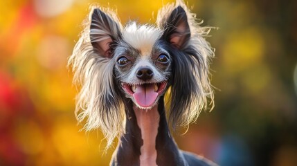 Sticker - A cheerful dog with a unique hairstyle, set against a colorful blurred background.