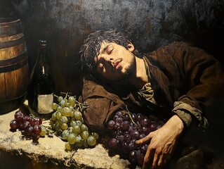 Sticker - Sleeping Man with Grapes and Wine - A Still Life Painting