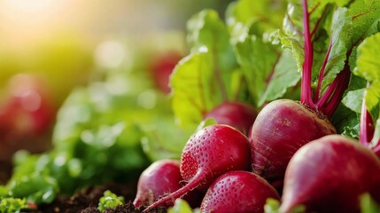 Freshly harvested radishes growing in a sunlit garden during the early morning hours