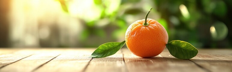 Poster - A vibrant orange with leaves on a wooden surface, illuminated by soft sunlight.