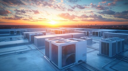 Aerial view of air conditioning systems on the roof with a beautiful sky and sunset, showcasing energy efficiency in commercial buildings. 