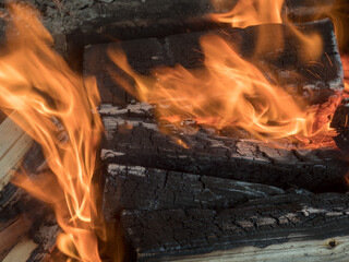 abstract burning firewood closeup