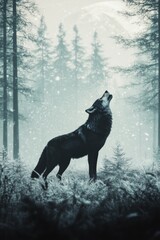 Wall Mural - A lone wolf howling in a snowy forest during a winter evening at dusk