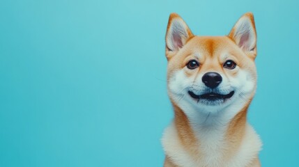 Poster - A cheerful Shiba Inu dog with a bright blue background, exuding joy and friendliness.