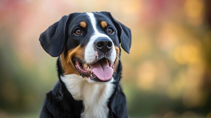 Sticker - A close-up portrait of a happy dog with a blurred natural background.