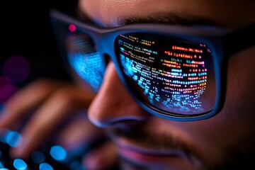 Aufkleber - Close-up of a hacker's hands typing on a keyboard, with code reflected in the glasses, showing precision and focus in their digital infiltration